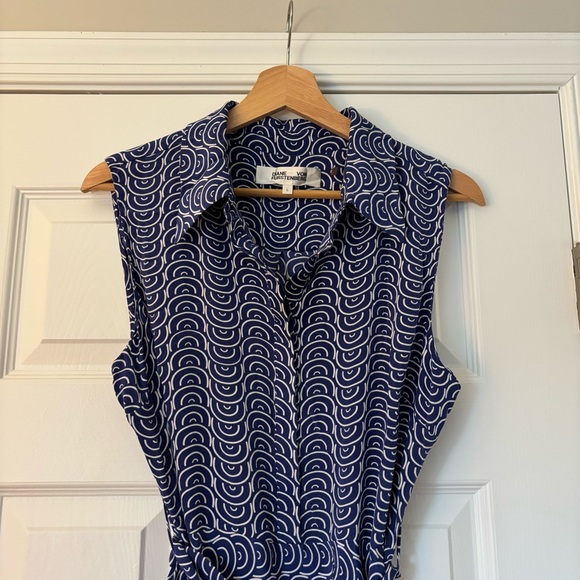 Diane Von Furstenburg Blue White Patterned Sleeveless Knee Length Dress Belt L - Picture 2 of 12